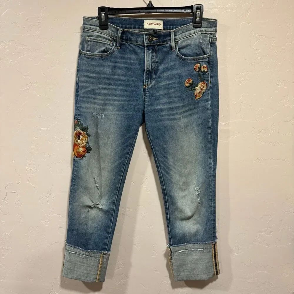 Driftwood Audrey floral embroidered straight skinny raw hem distressed jeans